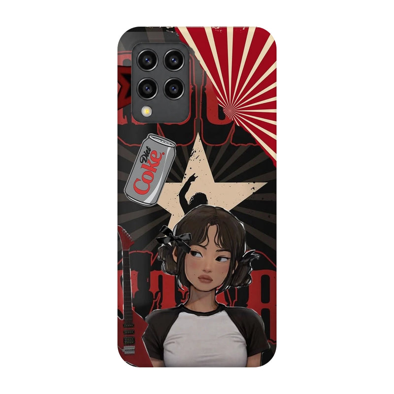 Anime City Girl 3D Print Samsung F62 Phone Case, back view; an illustrated girl in a black-and-white outfit against a red city-inspired backdrop