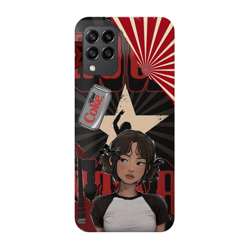 Anime City Girl 3D Print Samsung M32 4G Phone Case, back view; an illustrated girl in a black-and-white outfit against a red city-inspired backdrop
