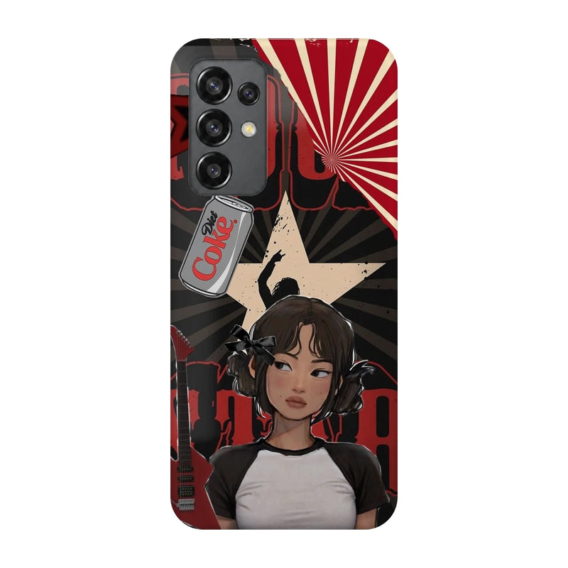 Anime City Girl 3D Print Samsung M32 5G Phone Case, back view; an illustrated girl in a black-and-white outfit against a red city-inspired backdrop