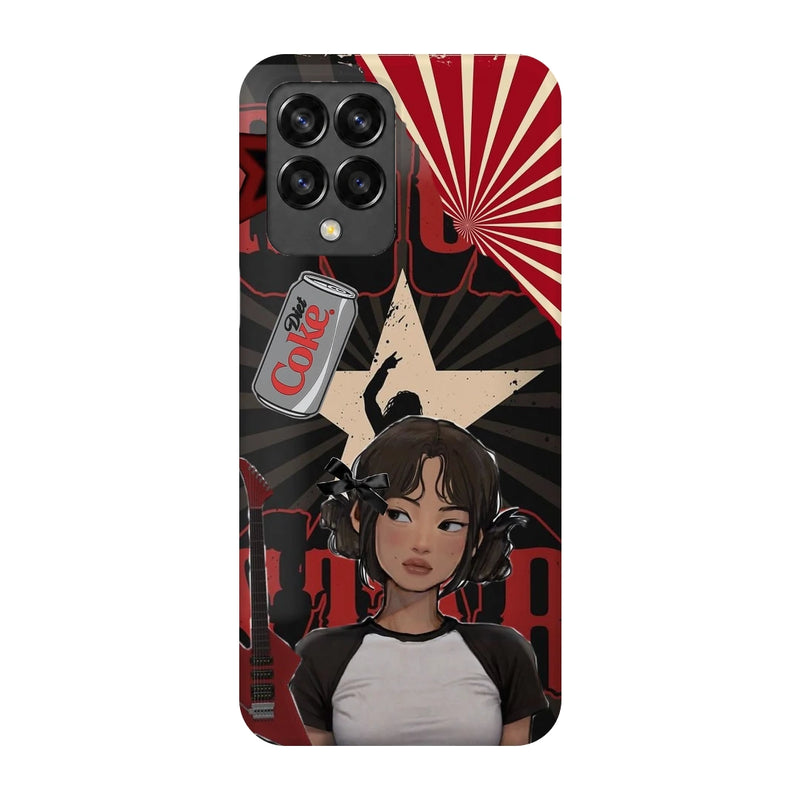 Anime City Girl 3D Print Samsung M53 5G Phone Case, back view; an illustrated girl in a black-and-white outfit against a red city-inspired backdrop