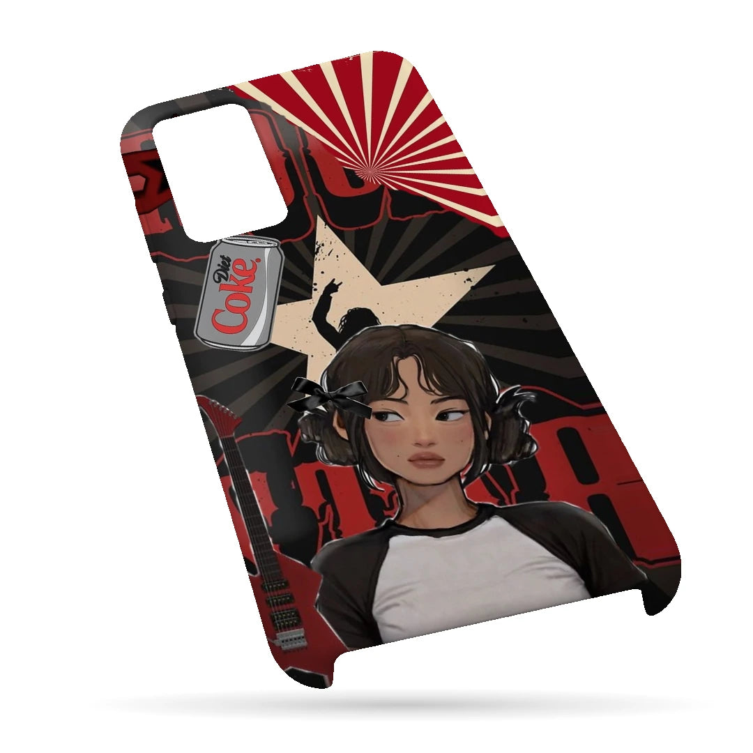 Anime City Girl 3D Print Samsung Note 20 Phone Case, bottom view; an illustrated girl in a black-and-white outfit against a red city-inspired backdrop