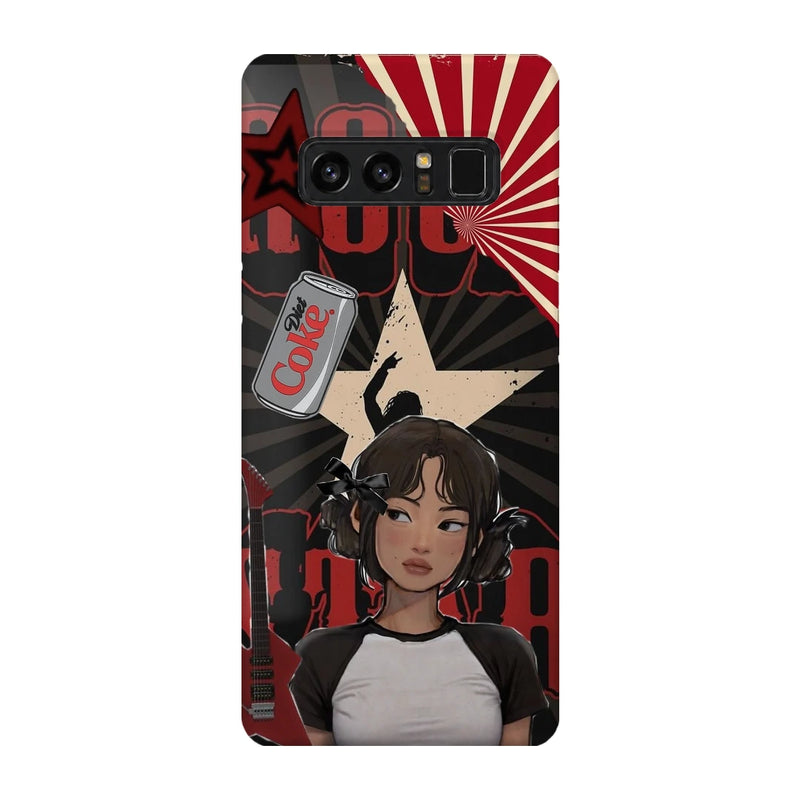 Anime City Girl 3D Print Samsung Note 8 Phone Case, back view; an illustrated girl in a black-and-white outfit against a red city-inspired backdrop