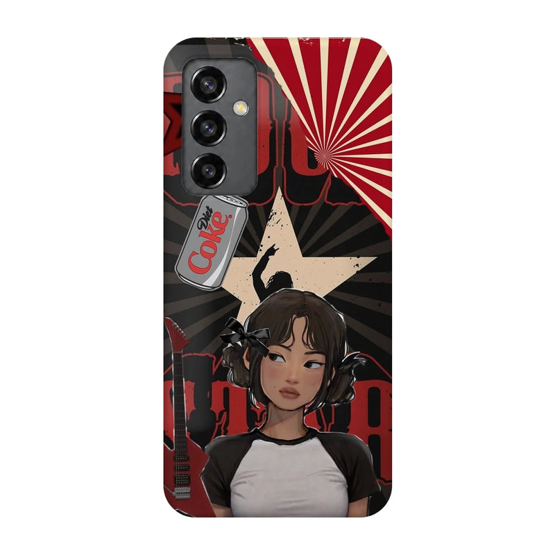 Anime City Girl 3D Print Samsung S21 FE Phone Case, back view; an illustrated girl in a black-and-white outfit against a red city-inspired backdrop