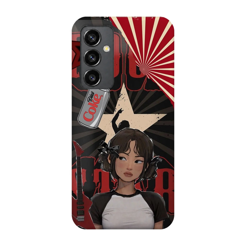 Anime City Girl 3D Print Samsung S23 FE Phone Case, back view; an illustrated girl in a black-and-white outfit against a red city-inspired backdrop