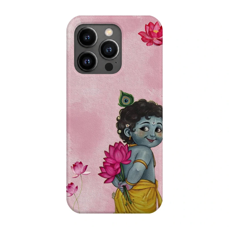 Baby Krishna Lotus 3D Print iPhone 13 Pro Phone Case, back view; baby Krishna holding a pink lotus on a soft pink background