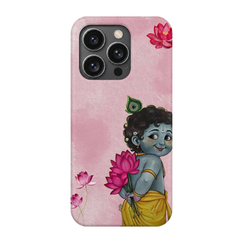 Baby Krishna Lotus 3D Print iPhone 14 Pro Phone Case, back view; baby Krishna holding a pink lotus on a soft pink background