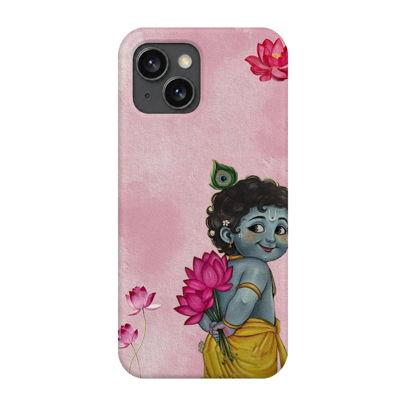 Baby Krishna Lotus 3D Print iPhone 15 Phone Case, back view; baby Krishna holding a pink lotus on a soft pink background