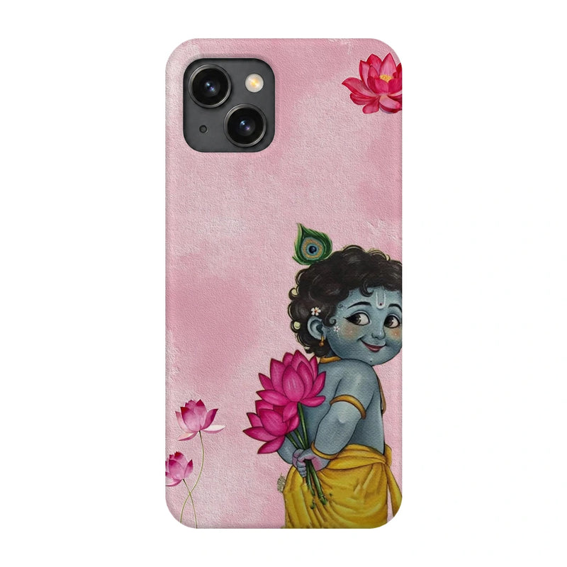 Baby Krishna Lotus 3D Print iPhone 15 Plus Phone Case, back view; baby Krishna holding a pink lotus on a soft pink background