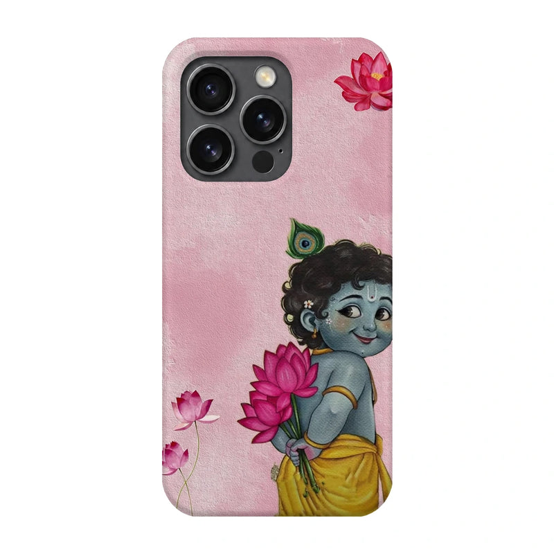 Baby Krishna Lotus 3D Print iPhone 15 Pro Phone Case, back view; baby Krishna holding a pink lotus on a soft pink background