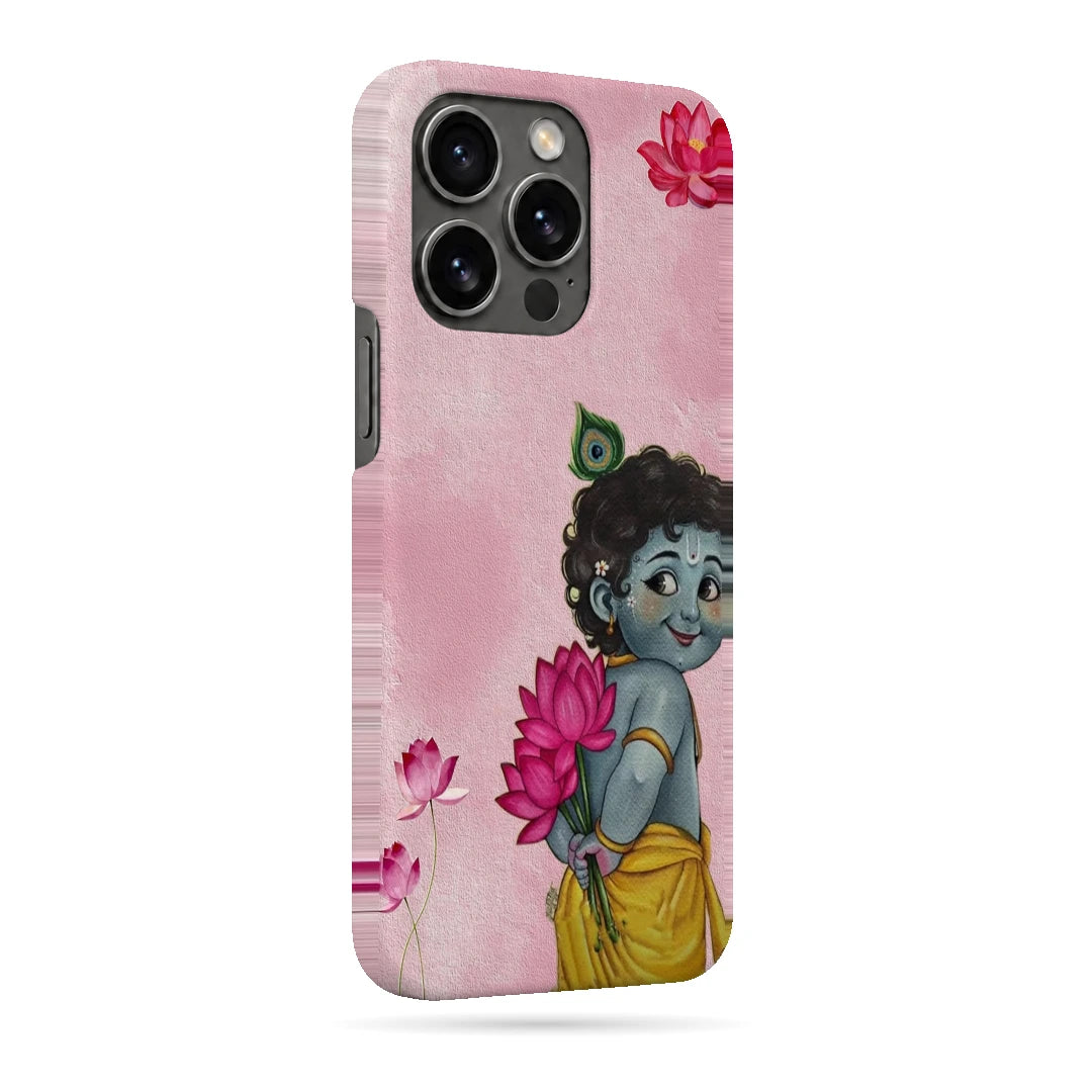Baby Krishna Lotus 3D Print iPhone 15 Pro Phone Case, right-side view; baby Krishna holding a pink lotus on a soft pink background