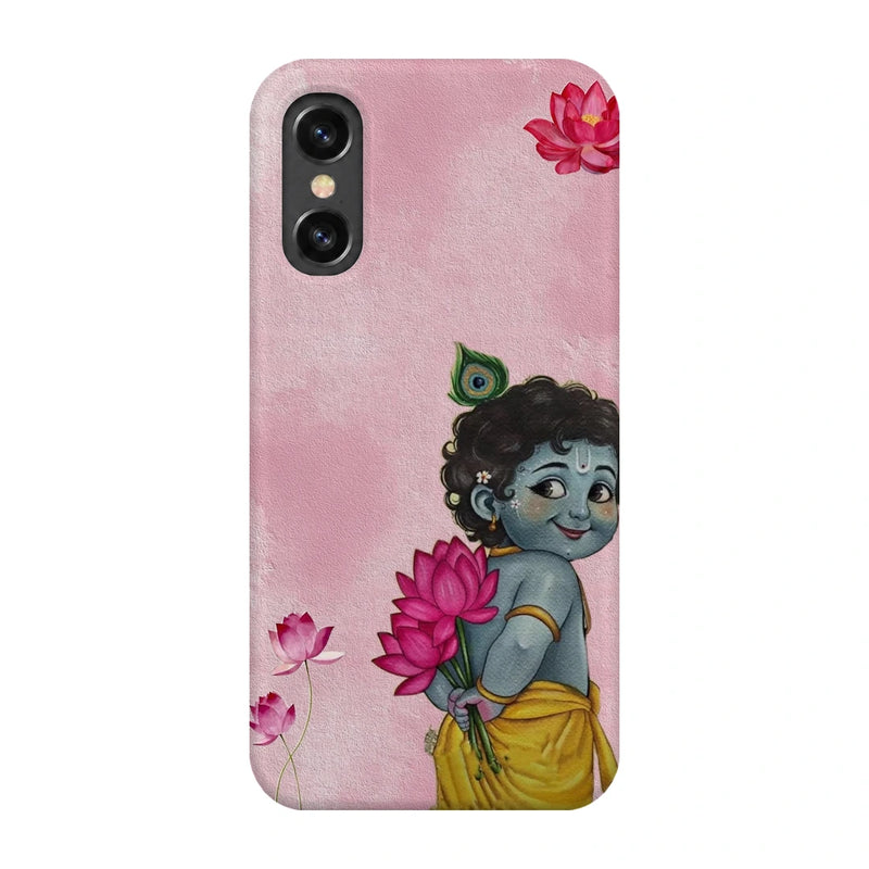 Baby Krishna Lotus 3D Print iPhone X Phone Case, back view; baby Krishna holding a pink lotus on a soft pink background