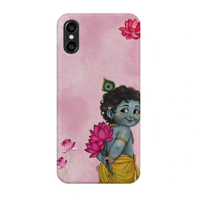 Baby Krishna Lotus 3D Print iPhone XS Max Phone Case, back view; baby Krishna holding a pink lotus on a soft pink background