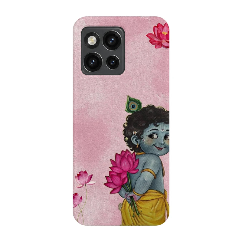 Baby Krishna Lotus 3D Print OnePlus 10T Phone Case, back view; baby Krishna holding a pink lotus on a soft pink background