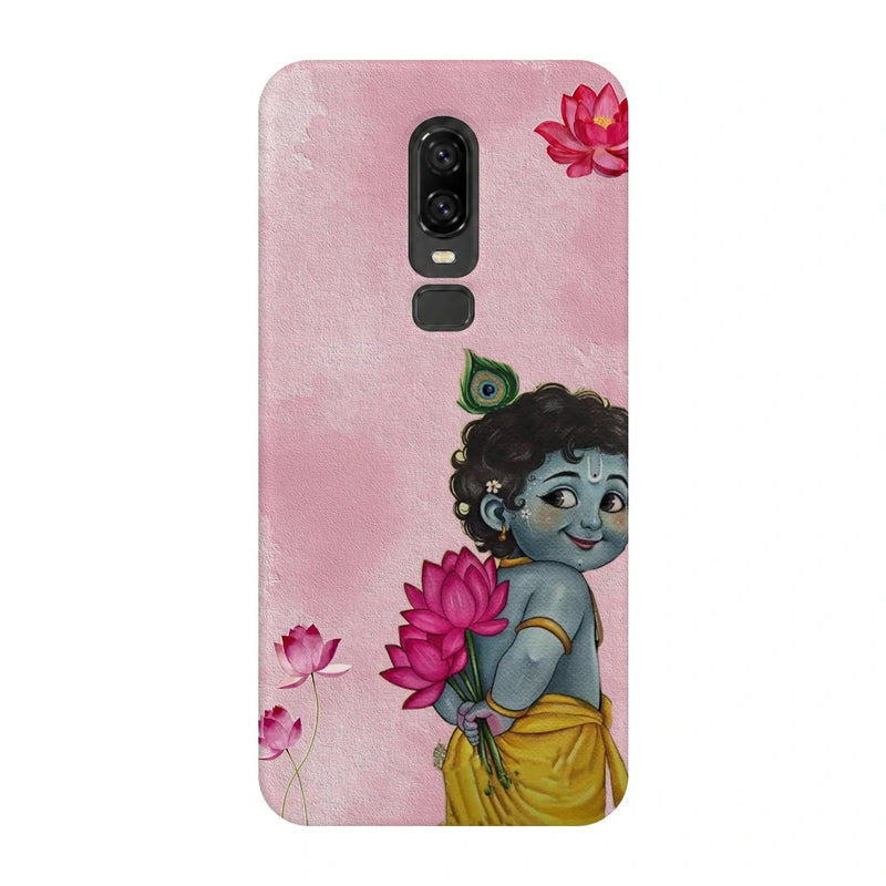 Baby Krishna Lotus 3D Print OnePlus 6 Phone Case, back view; baby Krishna holding a pink lotus on a soft pink background