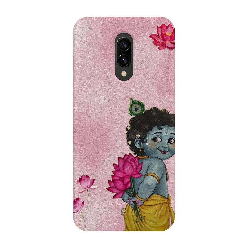 Baby Krishna Lotus 3D Print OnePlus 7 Phone Case, back view; baby Krishna holding a pink lotus on a soft pink background