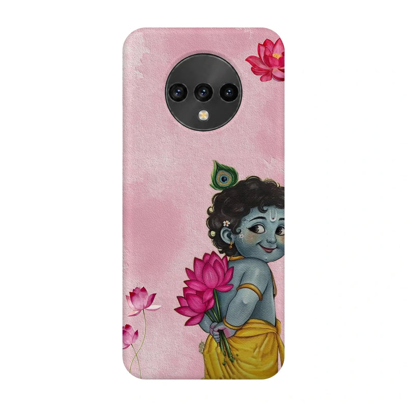 Baby Krishna Lotus 3D Print OnePlus 7T Phone Case, back view; baby Krishna holding a pink lotus on a soft pink background