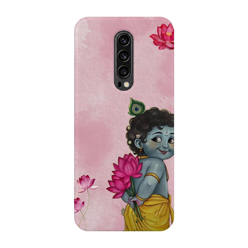Baby Krishna Lotus 3D Print OnePlus 7T Pro Phone Case, back view; baby Krishna holding a pink lotus on a soft pink background