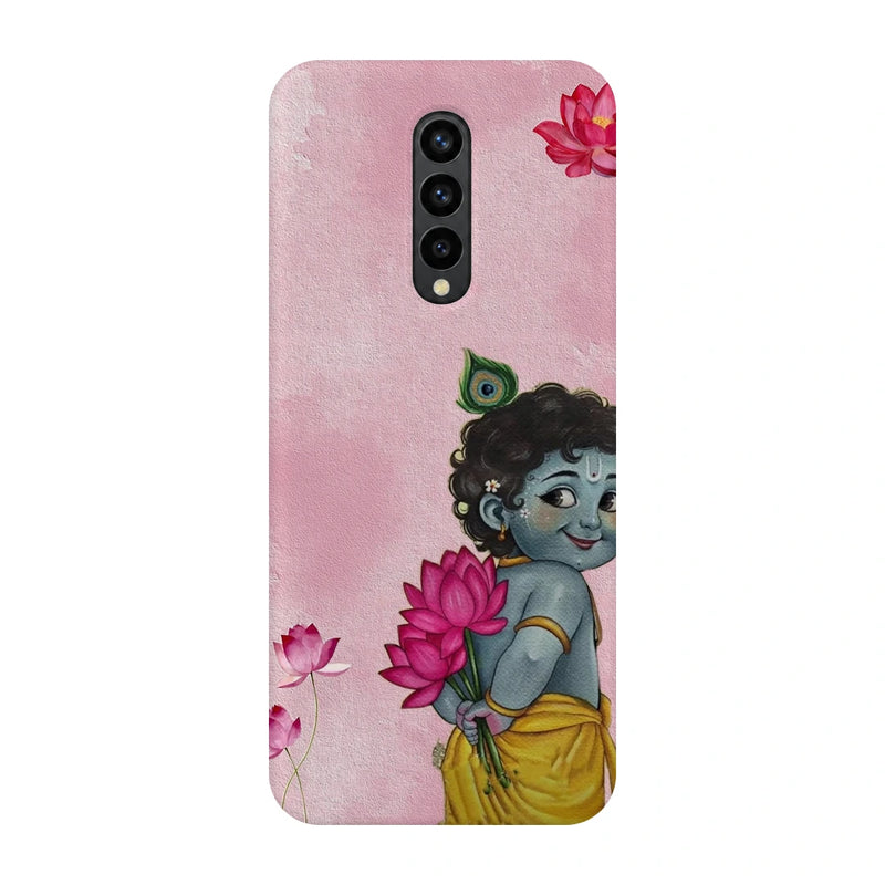 Baby Krishna Lotus 3D Print OnePlus 8 Phone Case, back view; baby Krishna holding a pink lotus on a soft pink background