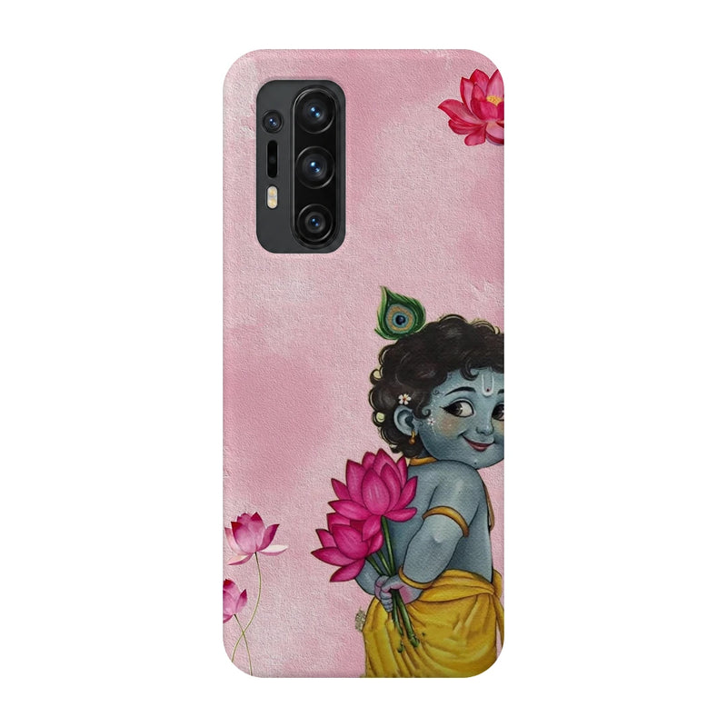Baby Krishna Lotus 3D Print OnePlus 8 Pro Phone Case, back view; baby Krishna holding a pink lotus on a soft pink background