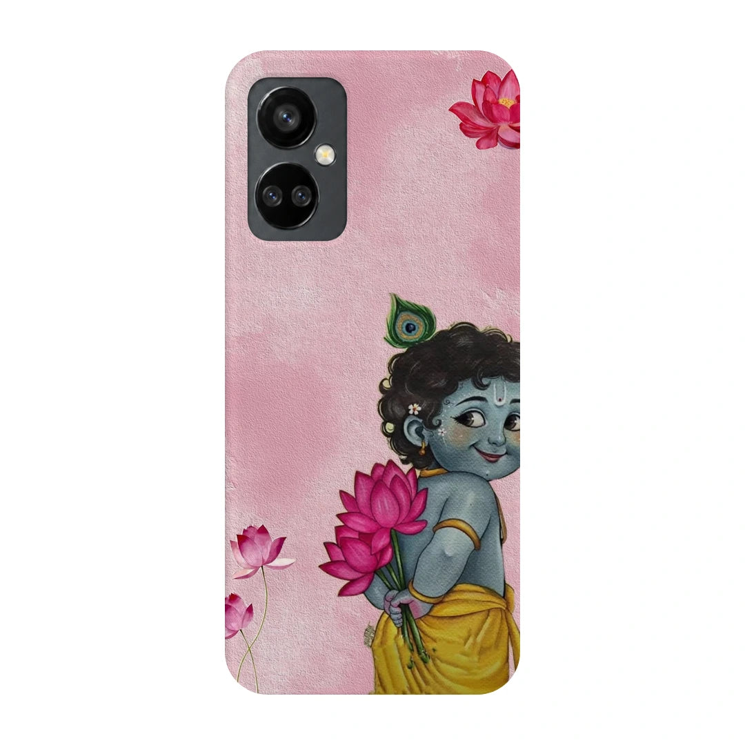 Baby Krishna Lotus 3D Print OnePlus Nord CE 3 Lite Phone Case, back view; baby Krishna holding a pink lotus on a soft pink background