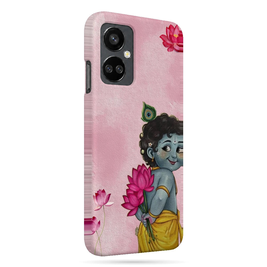 Baby Krishna Lotus 3D Print OnePlus Nord CE 3 Lite Phone Case, right-side view; baby Krishna holding a pink lotus on a soft pink background