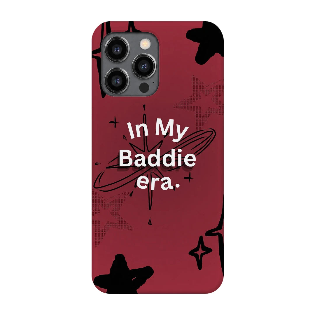 Baddie Era 3D Print iPhone 13 Pro Max Phone Case, back view; In My Baddie Era lettering and black star shapes on a deep pink background
