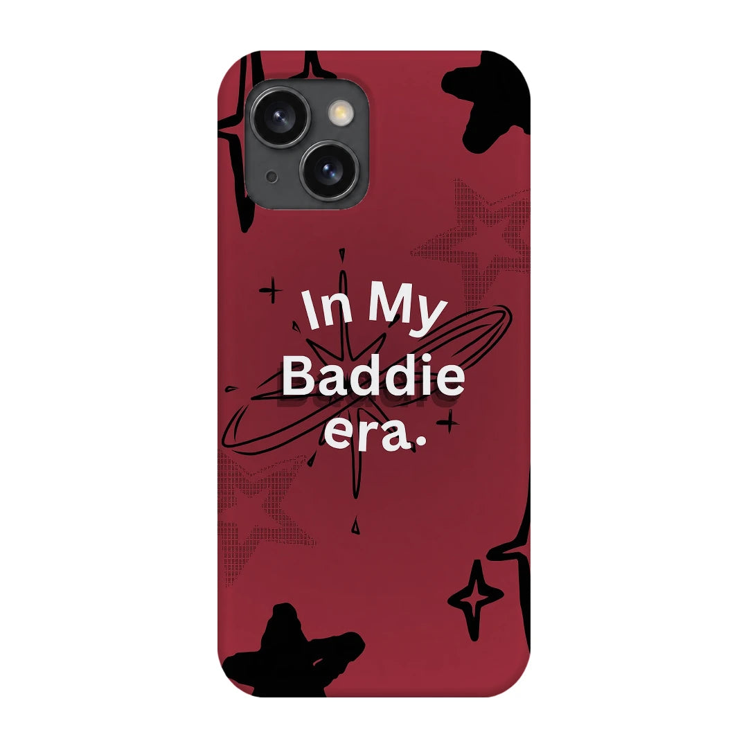 Baddie Era 3D Print iPhone 15 Phone Case, back view; In My Baddie Era lettering and black star shapes on a deep pink background