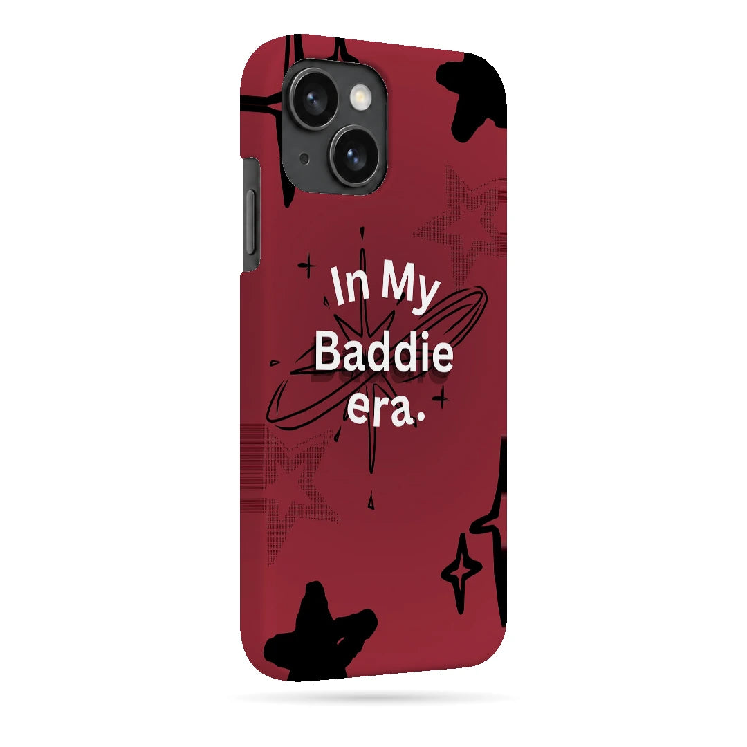 Baddie Era 3D Print iPhone 15 Phone Case, right-side view; In My Baddie Era lettering and black star shapes on a deep pink background