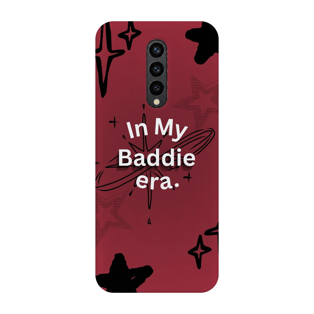 Baddie Era 3D Print OnePlus 8 Phone Case, back view; In My Baddie Era lettering and black star shapes on a deep pink background
