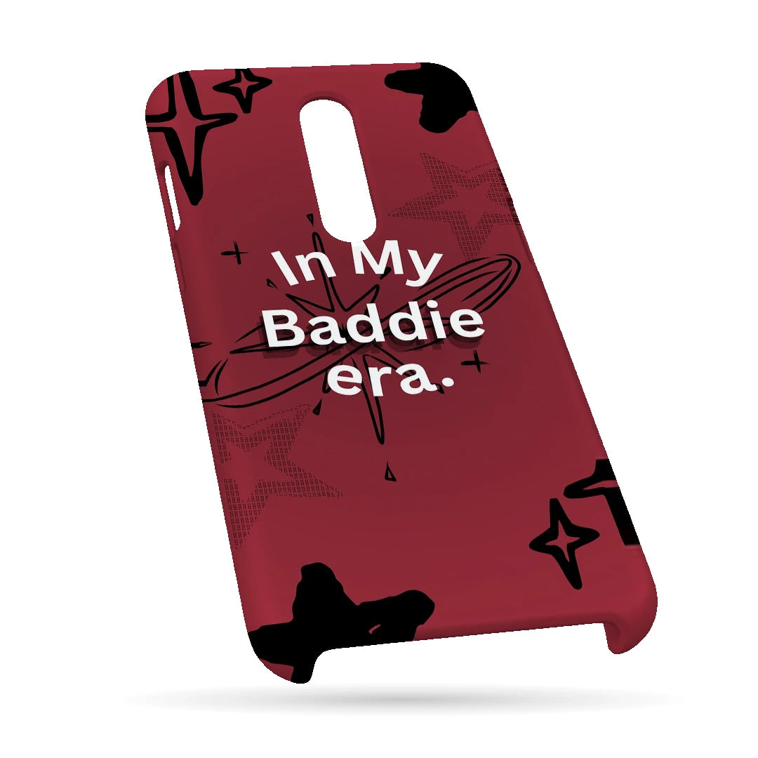 Baddie Era 3D Print OnePlus 8 Phone Case, bottom view; In My Baddie Era lettering and black star shapes on a deep pink background