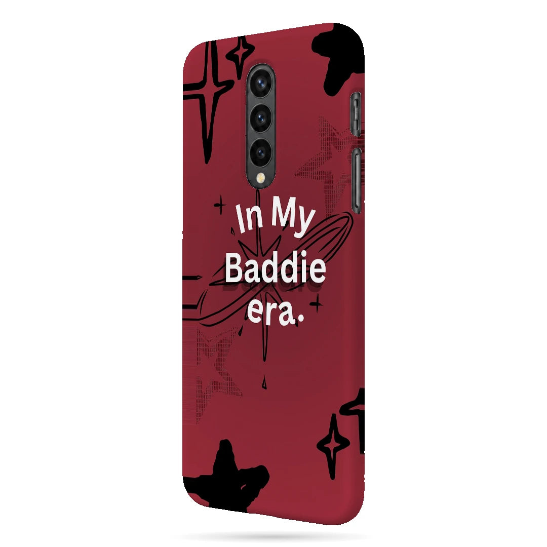 Baddie Era 3D Print OnePlus 8 Phone Case, right-side view; In My Baddie Era lettering and black star shapes on a deep pink background