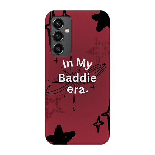 Baddie Era 3D Print Samsung S23 FE Phone Case, back view; In My Baddie Era lettering and black star shapes on a deep pink background