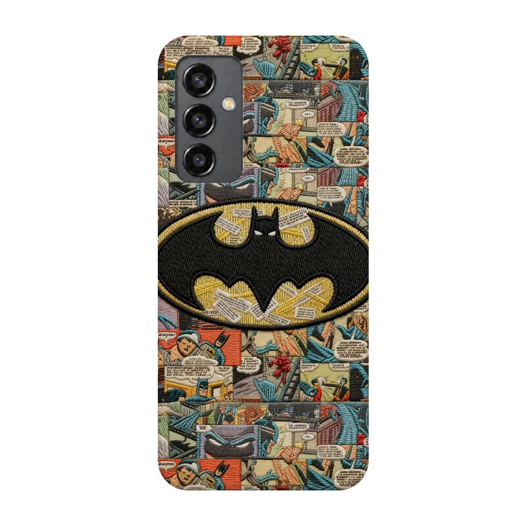 Batman Emblem Collage 3D Print Samsung A13 5G Phone Case, back view; a large yellow Batman emblem over a vintage comic-panel collage