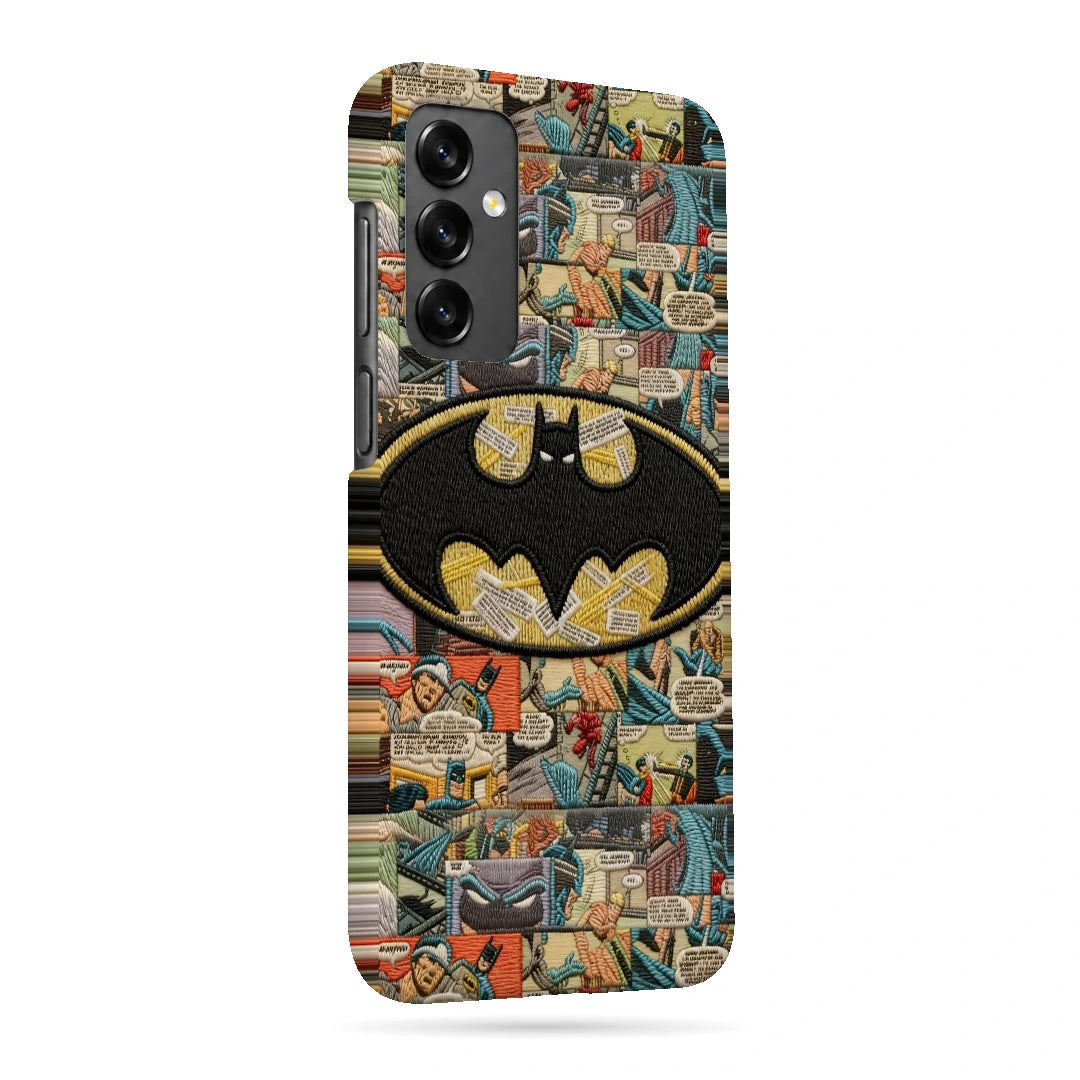 Batman Emblem Collage 3D Print Samsung A13 5G Phone Case, right-side view; a large yellow Batman emblem over a vintage comic-panel collage