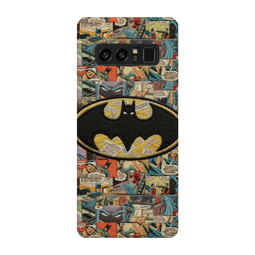 Batman Emblem Collage 3D Print Samsung Note 8 Phone Case, back view; a large yellow Batman emblem over a vintage comic-panel collage