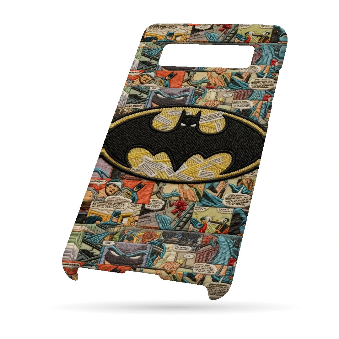 Batman Emblem Collage 3D Print Samsung Note 8 Phone Case, bottom view; a large yellow Batman emblem over a vintage comic-panel collage