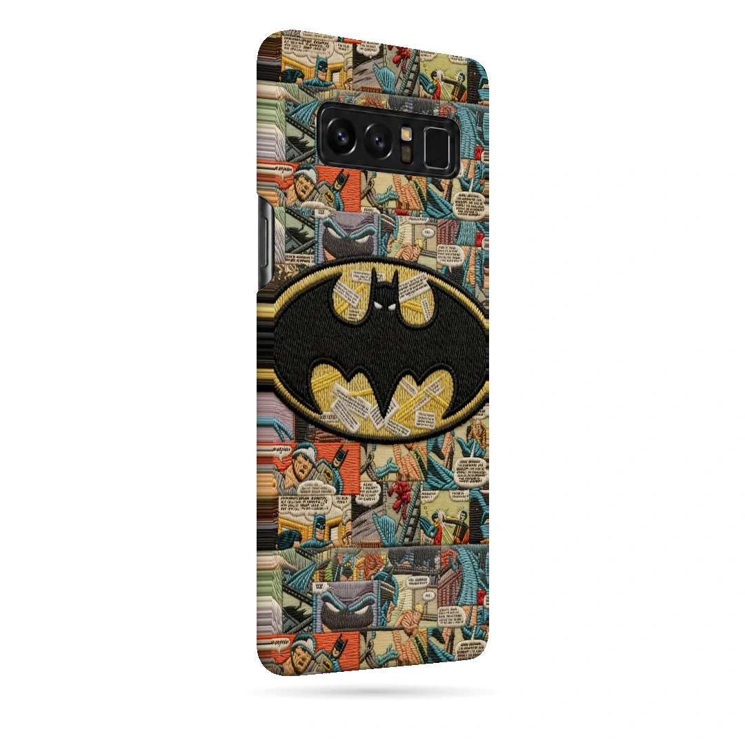 Batman Emblem Collage 3D Print Samsung Note 8 Phone Case, right-side view; a large yellow Batman emblem over a vintage comic-panel collage