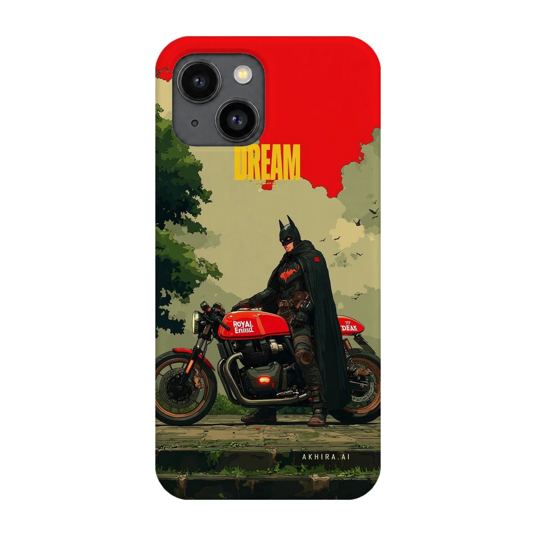 Batman Motorcycle 3D Print iPhone 14 Phone Case, back view; a Batman-inspired rider beside a red motorcycle in an illustrated landscape
