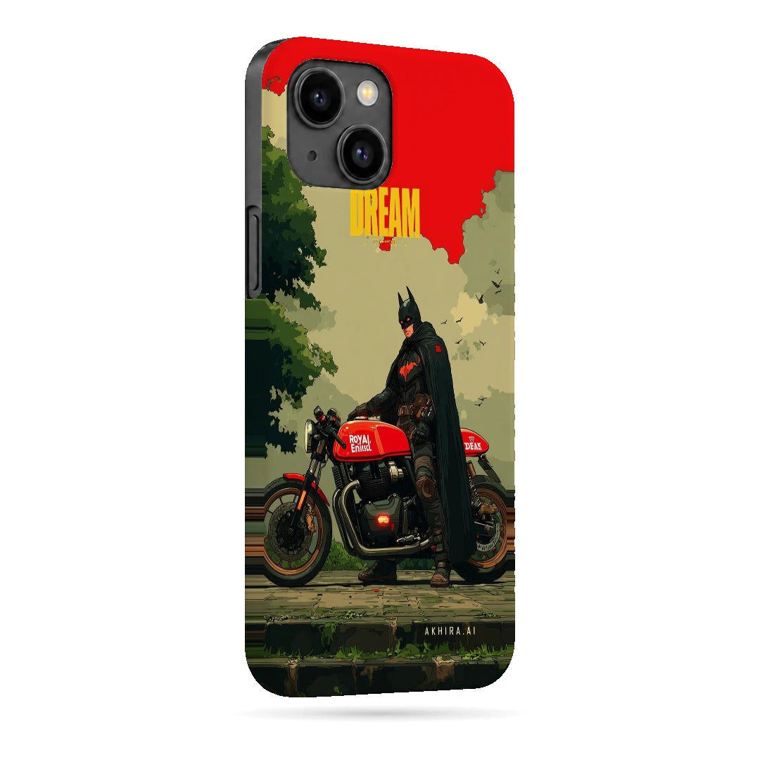 Batman Motorcycle 3D Print iPhone 14 Phone Case, right-side view; a Batman-inspired rider beside a red motorcycle in an illustrated landscape
