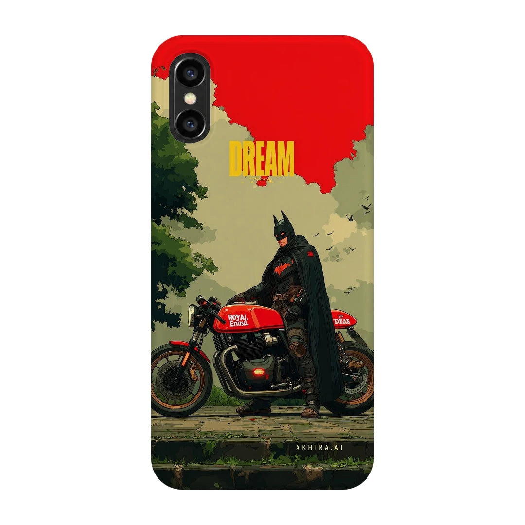 Batman Motorcycle 3D Print iPhone XS Max Phone Case, back view; a Batman-inspired rider beside a red motorcycle in an illustrated landscape
