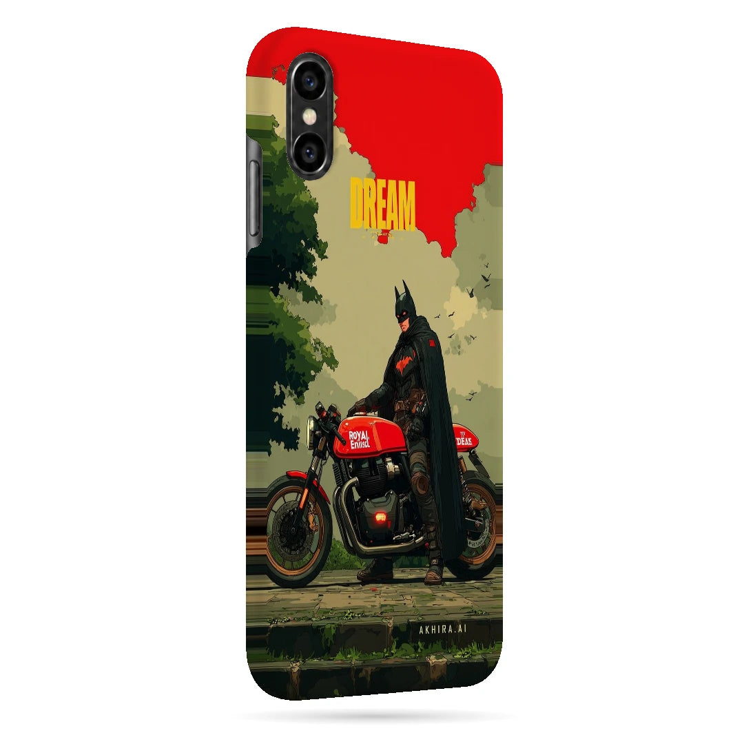 Batman Motorcycle 3D Print iPhone XS Max Phone Case, right-side view; a Batman-inspired rider beside a red motorcycle in an illustrated landscape