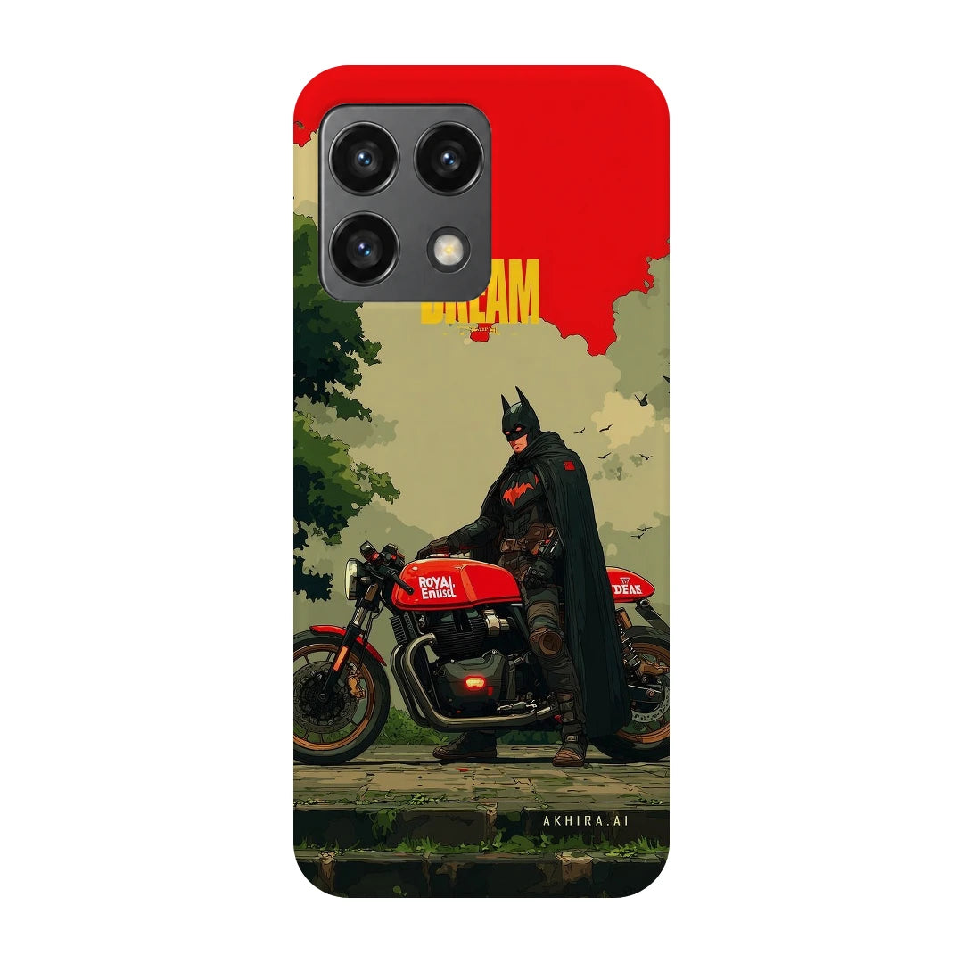 Batman Motorcycle 3D Print OnePlus 10 Pro Phone Case, back view; a Batman-inspired rider beside a red motorcycle in an illustrated landscape