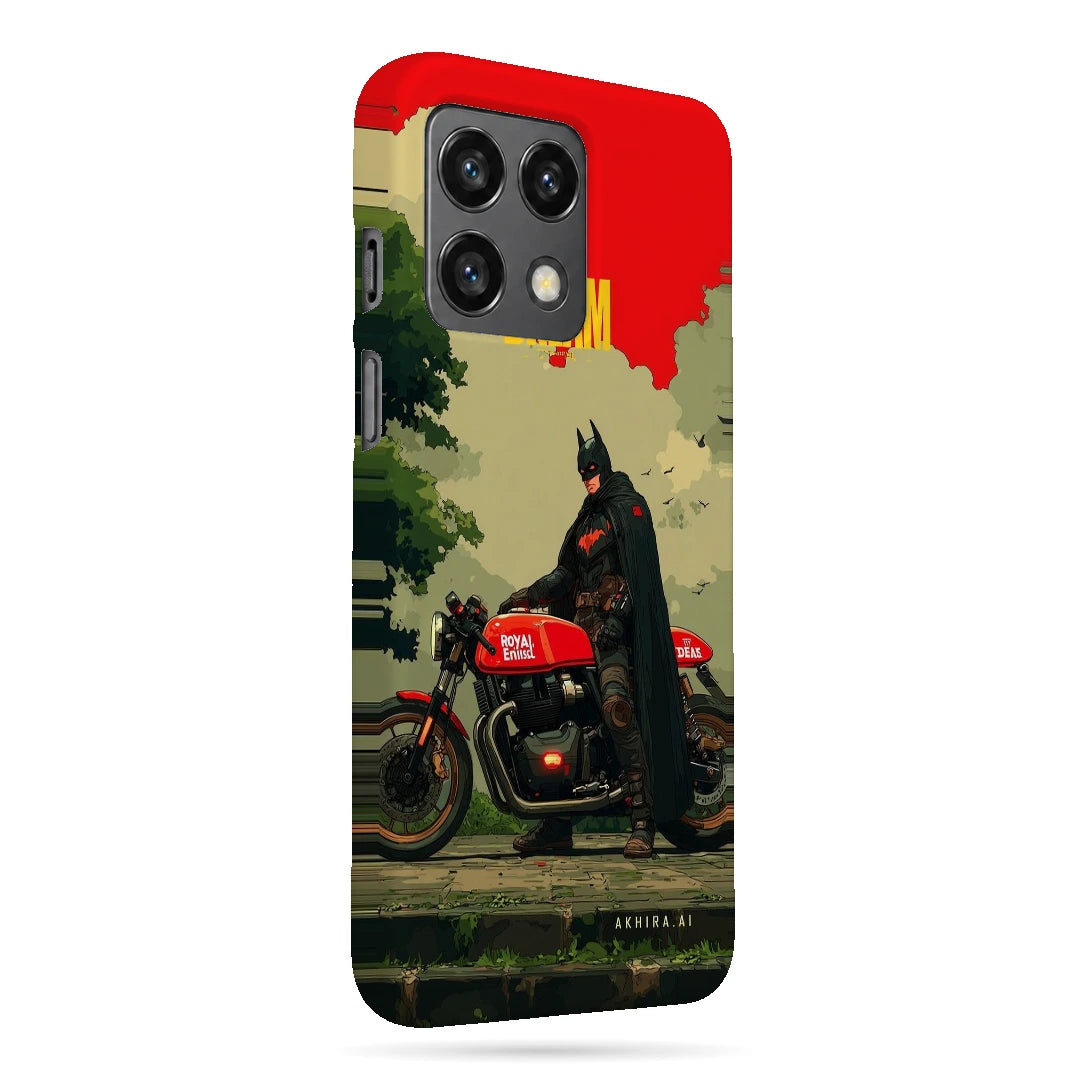 Batman Motorcycle 3D Print OnePlus 10 Pro Phone Case, right-side view; a Batman-inspired rider beside a red motorcycle in an illustrated landscape