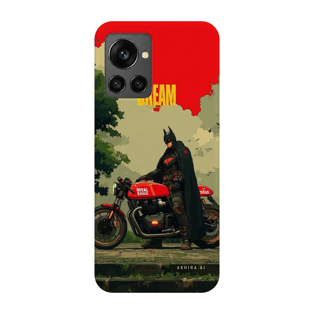 Batman Motorcycle 3D Print OnePlus 10R Phone Case, back view; a Batman-inspired rider beside a red motorcycle in an illustrated landscape
