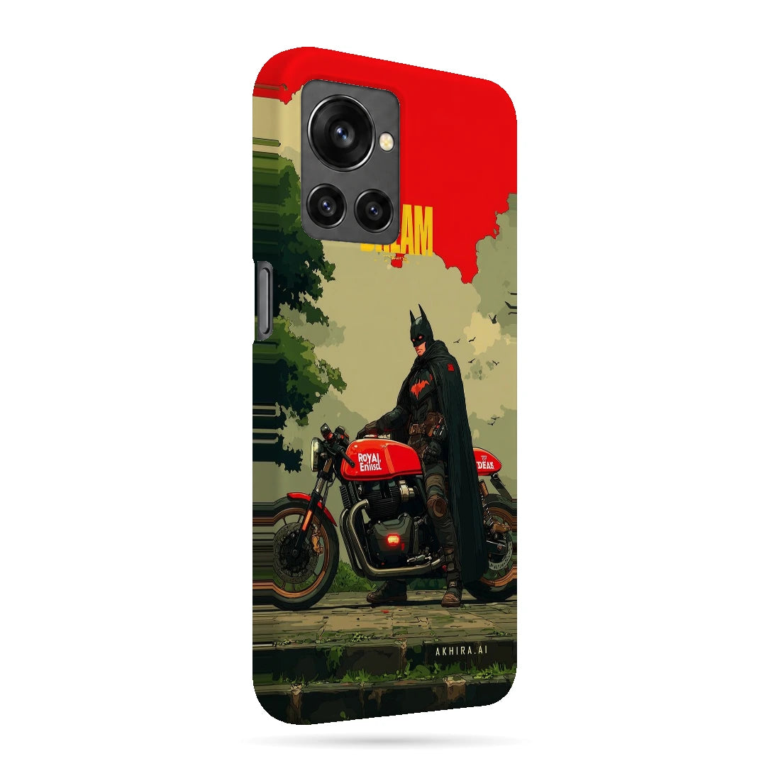 Batman Motorcycle 3D Print OnePlus 10R Phone Case, right-side view; a Batman-inspired rider beside a red motorcycle in an illustrated landscape