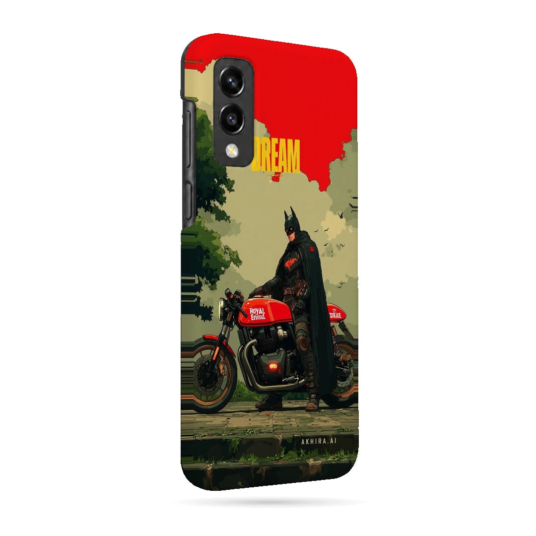 Batman Motorcycle 3D Print Samsung M02 Phone Case, right-side view; a Batman-inspired rider beside a red motorcycle in an illustrated landscape