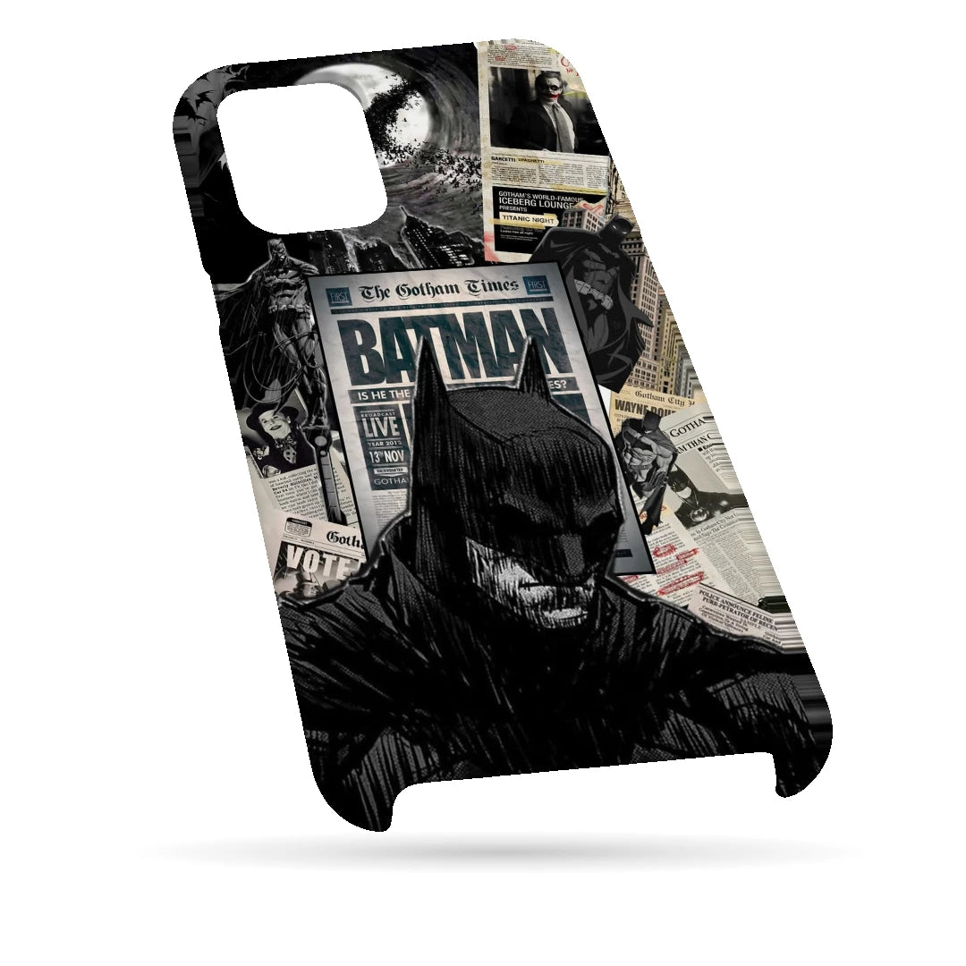Batman Newspaper 3D Print iPhone 11 Pro Phone Case, bottom view; black-and-white Batman portraits and newspaper-style graphics