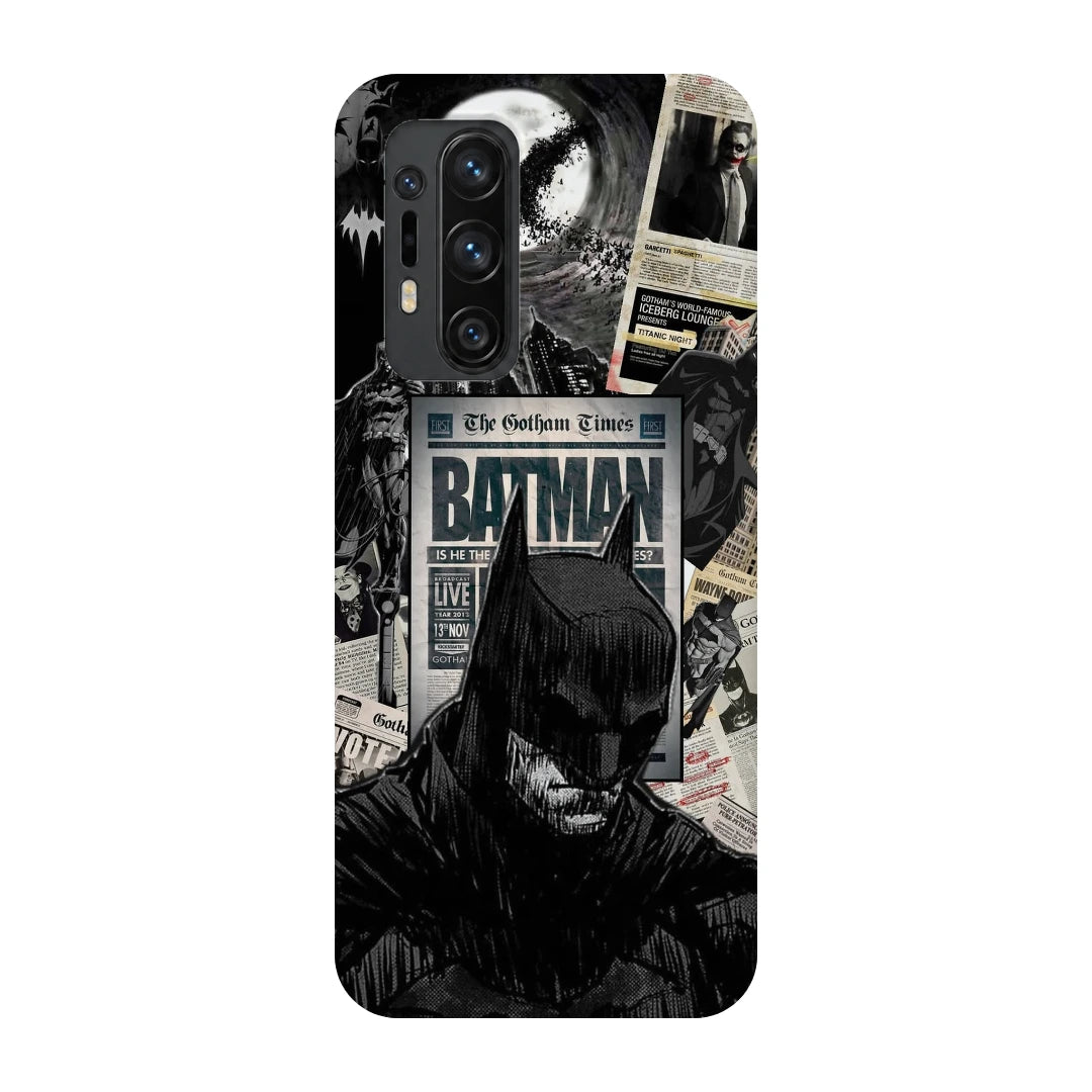 Batman Newspaper 3D Print OnePlus 8 Pro Phone Case, back view; black-and-white Batman portraits and newspaper-style graphics