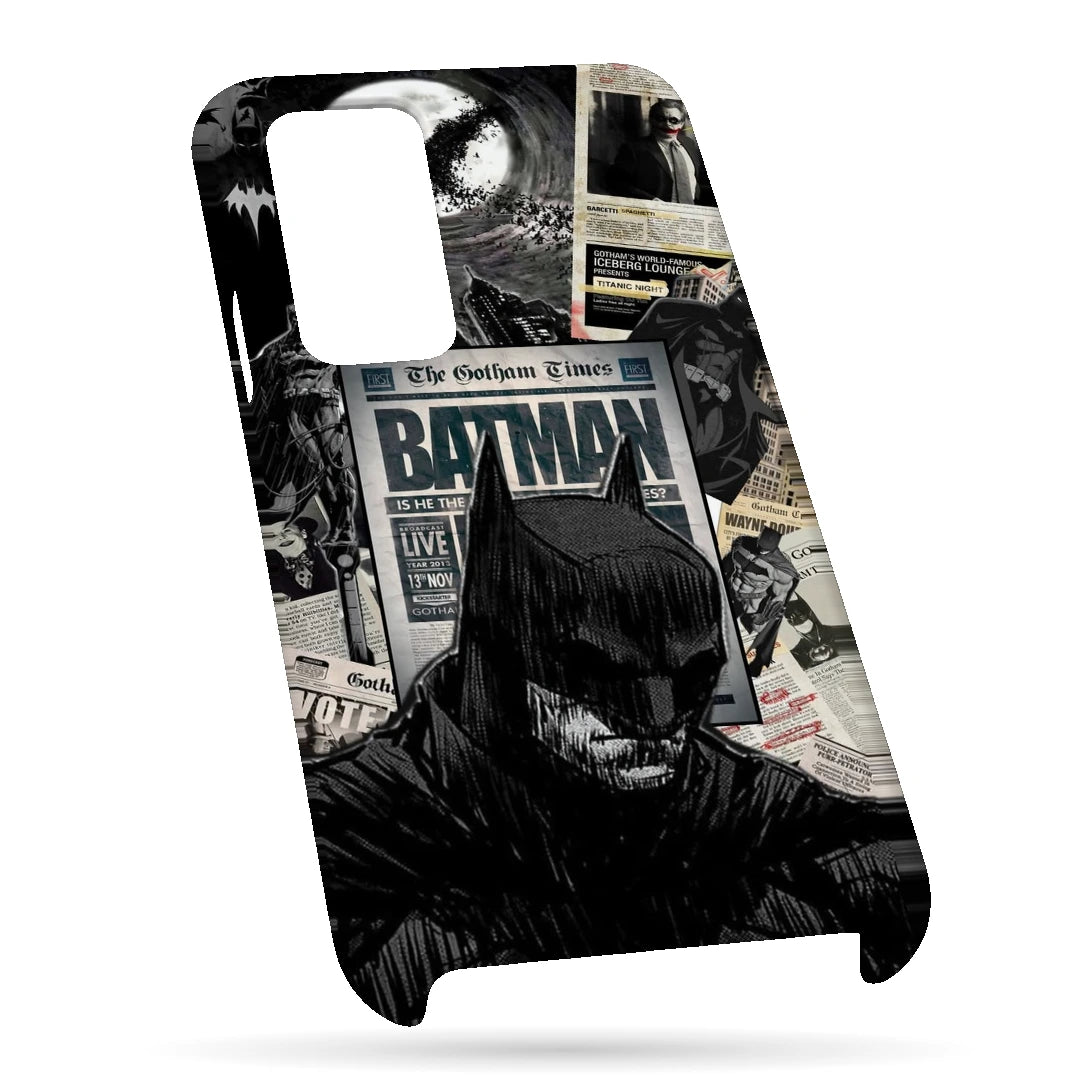 Batman Newspaper 3D Print OnePlus 8 Pro Phone Case, bottom view; black-and-white Batman portraits and newspaper-style graphics