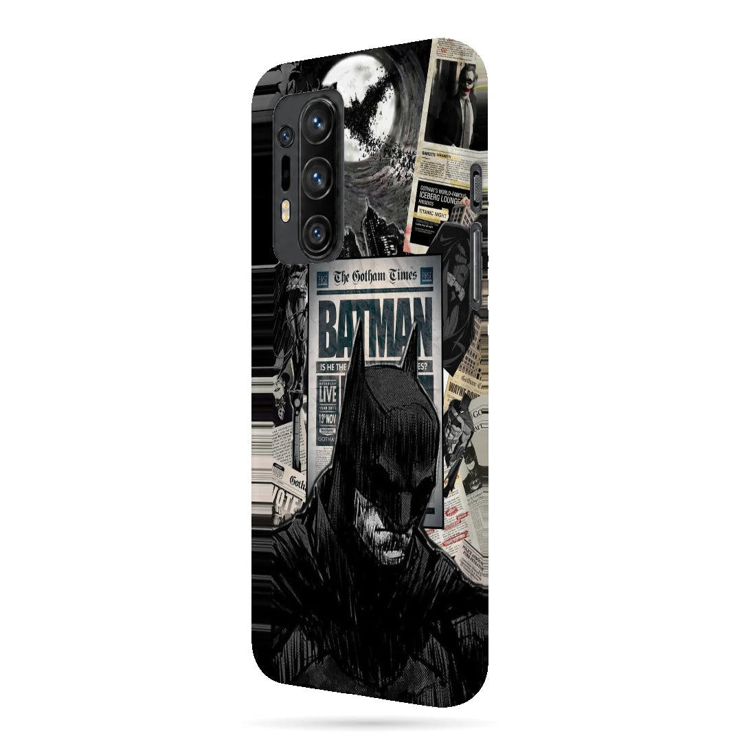 Batman Newspaper 3D Print OnePlus 8 Pro Phone Case, right-side view; black-and-white Batman portraits and newspaper-style graphics